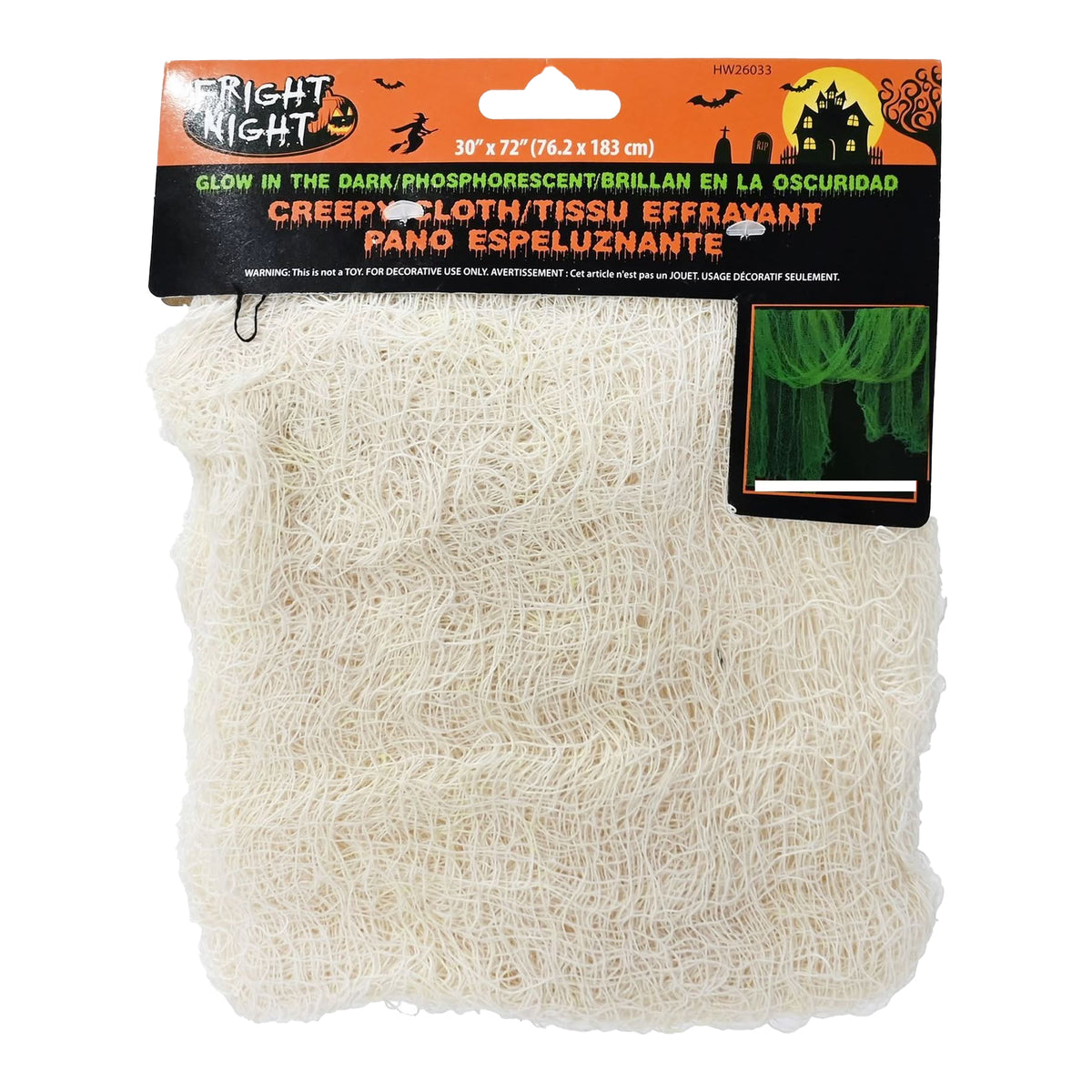 Glow in the dark creep cloth by Night Light, packaged in a white mesh bag with an orange and black header card featuring Halloween graphics.