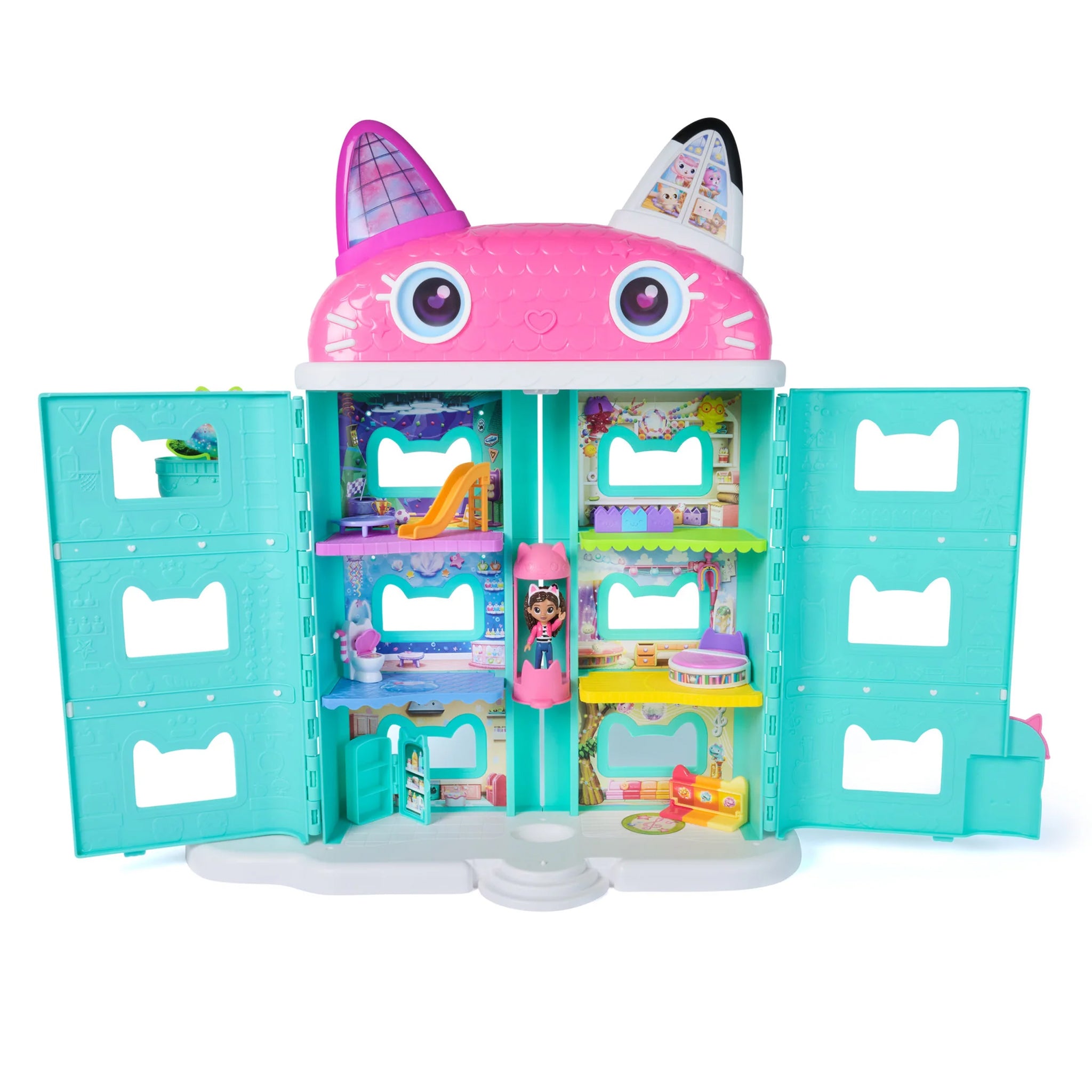 Toy Gabby's dollhouse with multiple levels and a pink top, on a white background
