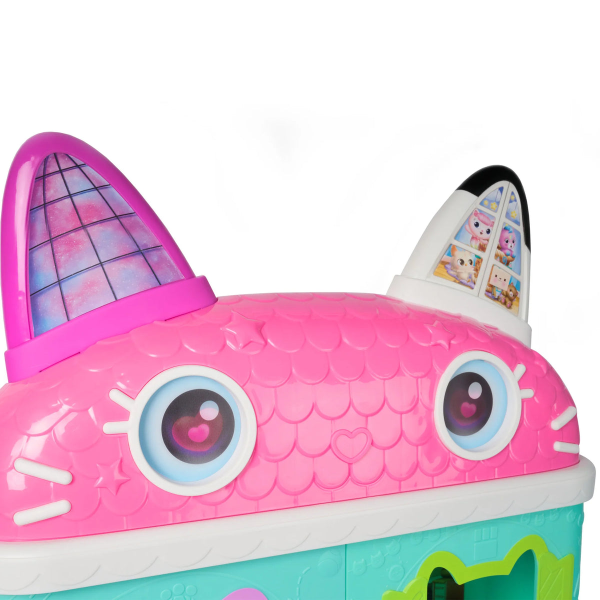 Pink toy car with shark design on a white background