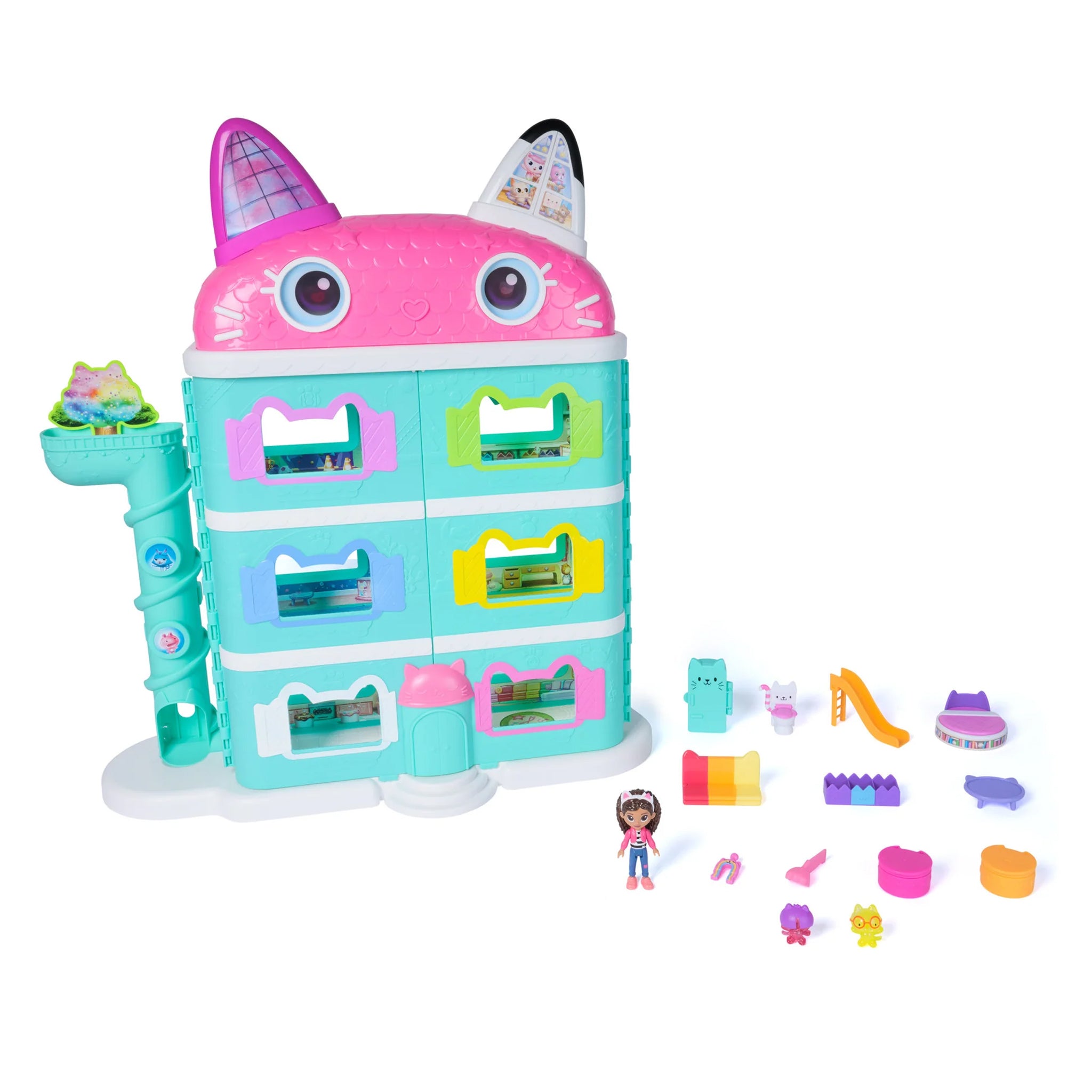 Toy playset with colorful building blocks and figures on a white background
