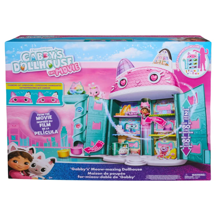 Boxed toy set for Gabby's Meow-mazing Dollhouse from Gabby's Dollhouse: The Movie, shown in its retail packaging with a large illustrated dollhouse and accessories on the front.