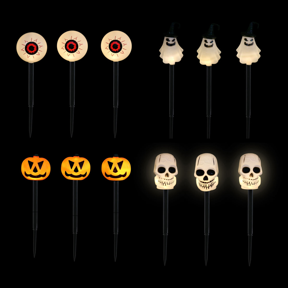 Set of 10 Halloween lawn stake lights on a black background, featuring eyeballs, ghosts, pumpkins, and skulls, shown both unlit and glowing.