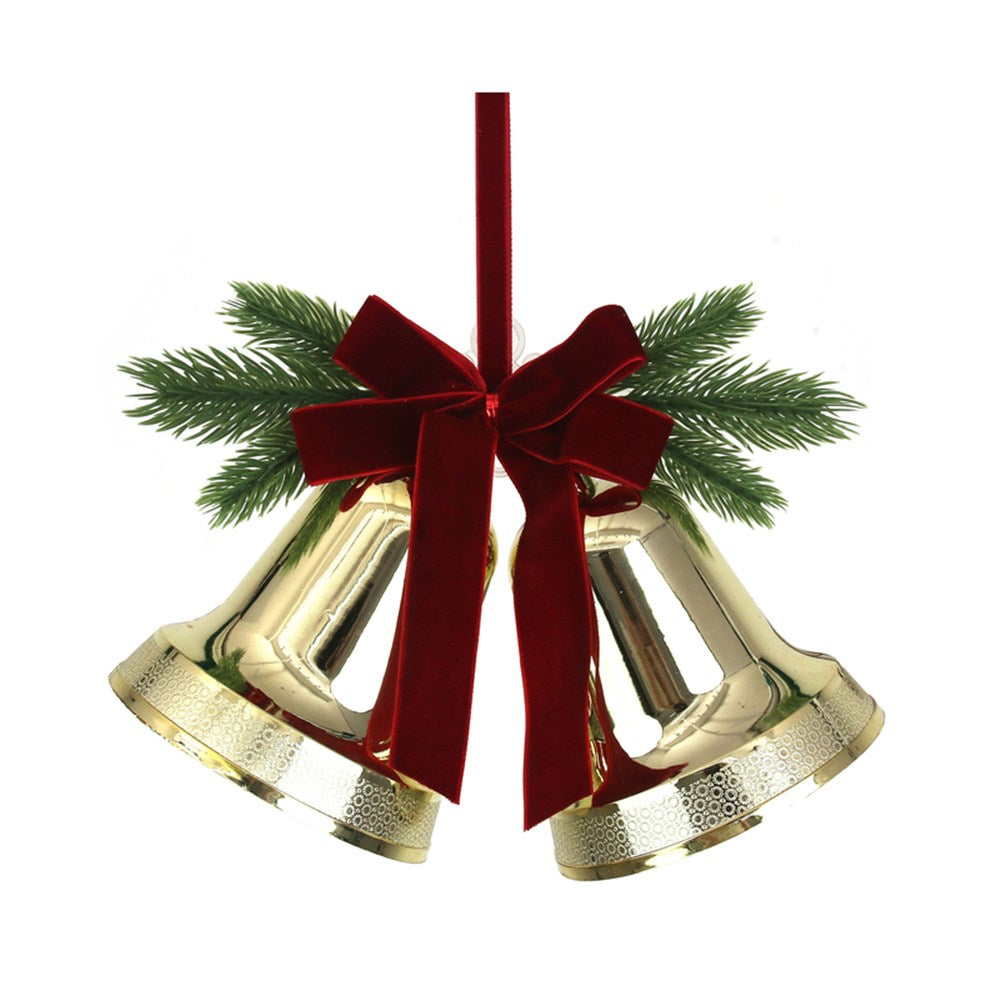 Gold Plastic Bells With Burgundy Velvet Ribbon
