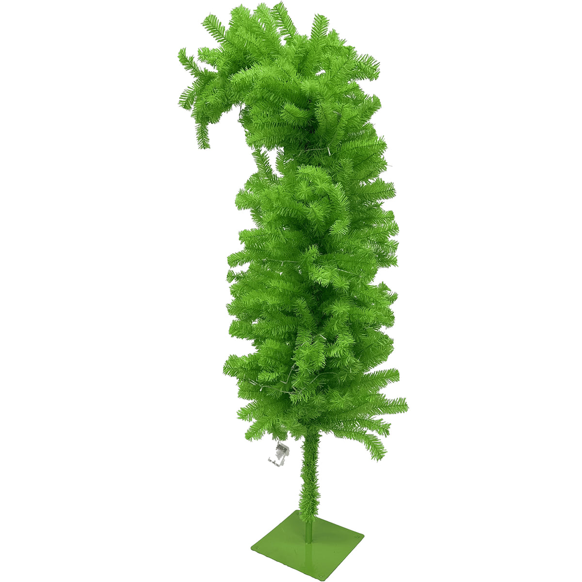 A tall, narrow artificial Christmas tree in bright green with a matching green square base, isolated on a white background.