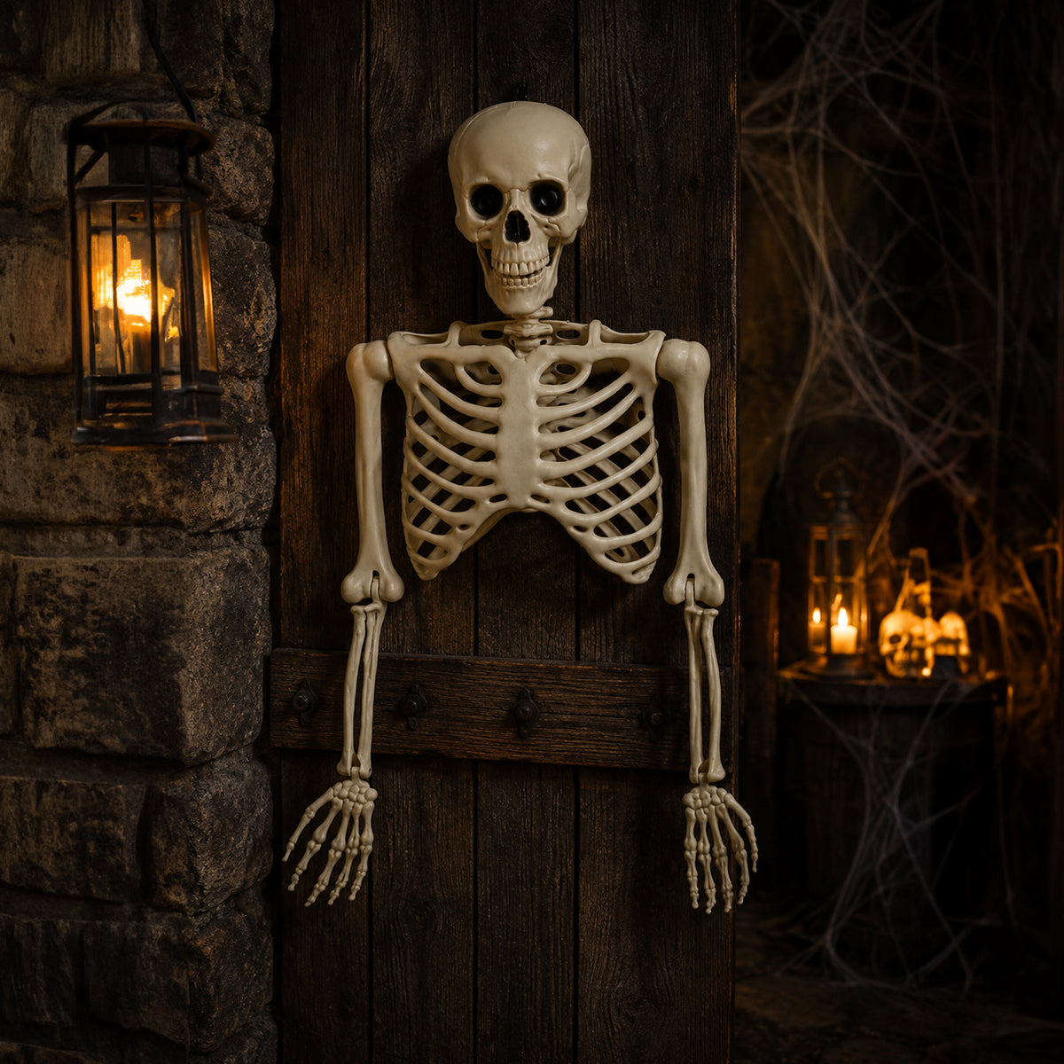 An articulated plastic skeleton decoration hanging on a dark wooden door in a spooky, dimly lit setting with a lantern and cobwebs.