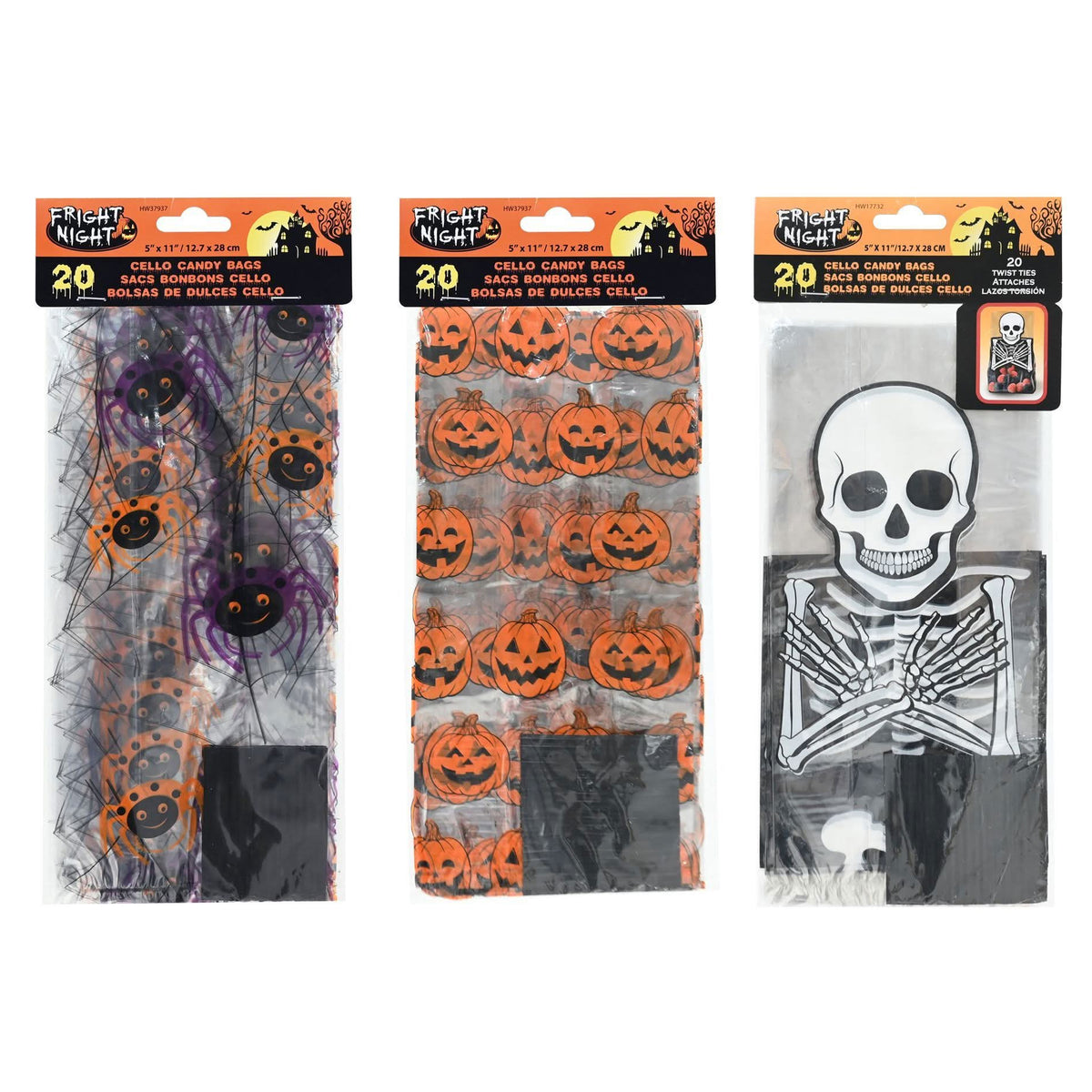 Three packages of Halloween giftware: cellophane candy bags with spiderwebs, jack-o'-lanterns, and a skeleton graphic, all on a white background.