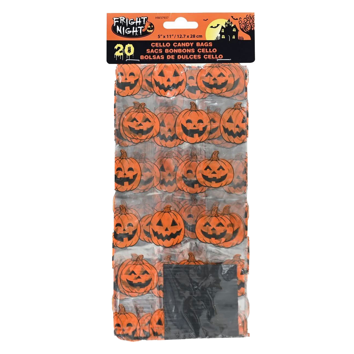 A gift package of 20 Halloween cello candy bags with a 'Fright Night' header card. The bags are made of clear cellophane and are printed with an orange jack-o'-lantern pattern on a gray background.