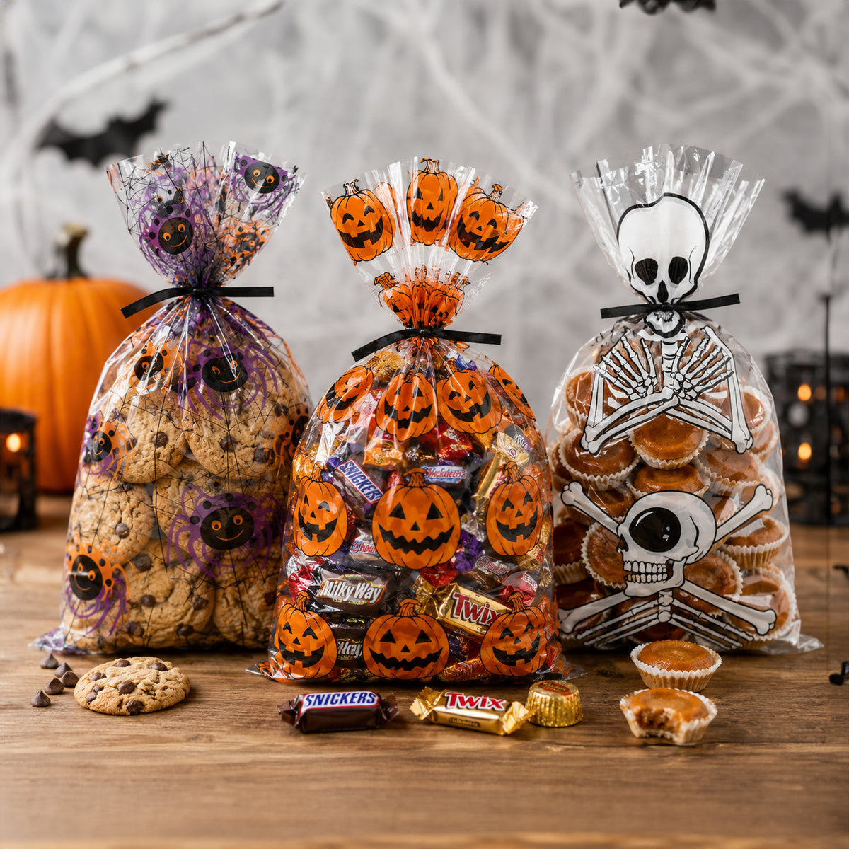 Three clear cellophane gift bags filled with Halloween treats are arranged on a wooden table. The left bag contains chocolate chip cookies with purple spider decorations, the center bag is filled with assorted candy and pumpkin-themed wrappers, and the right bag contains cupcakes decorated with a black-and-white skeleton print.