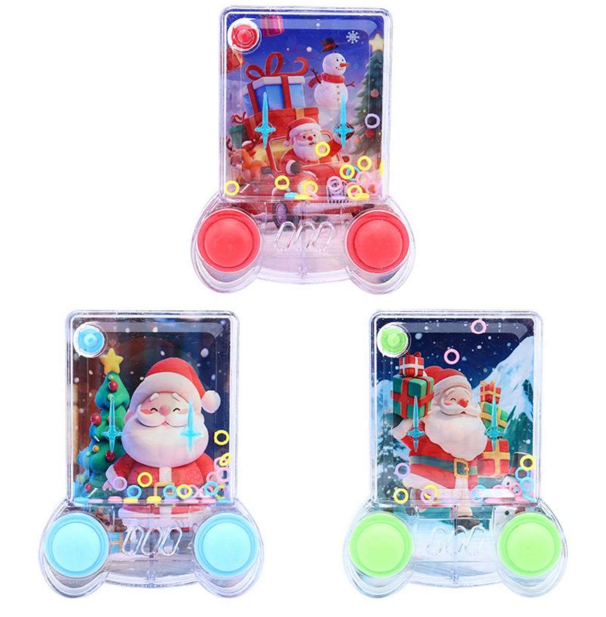 Three small plastic toy cars arranged on a white background, each decorated with a different Christmas scene and featuring colored circular wheels. The top car has red wheels and a Santa-themed window, the lower left car has light blue wheels and a Santa-and-tree scene, and the lower right car has light green wheels and a snowy mountain scene.