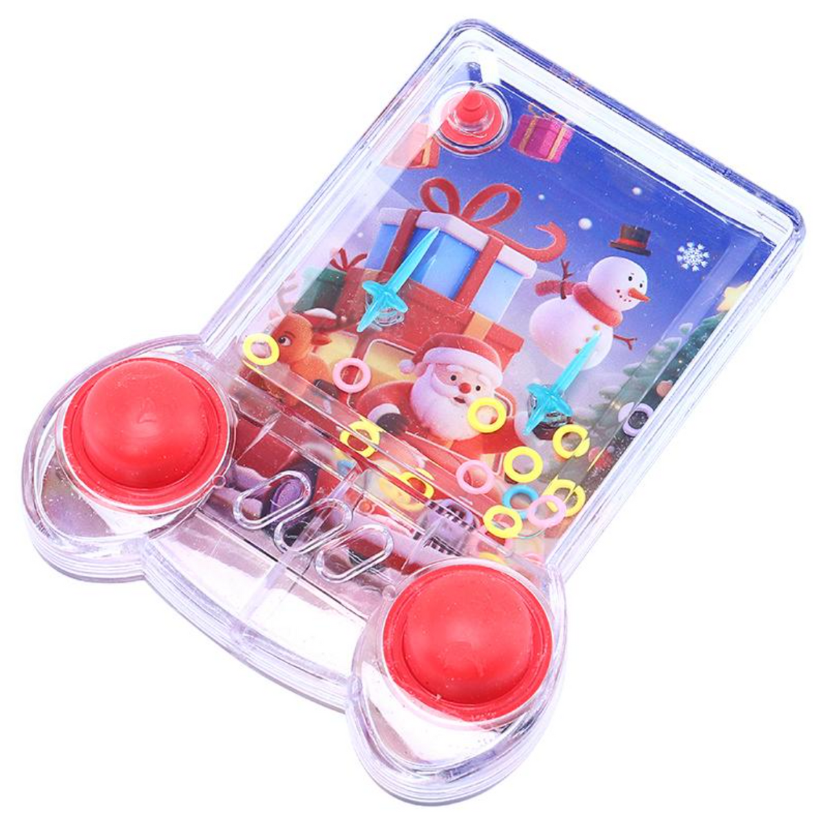 A clear plastic toy game board with a Christmas theme, featuring a Santa Claus and snowman design on the inner panel, colorful rings, and two red circular buttons on a white background.