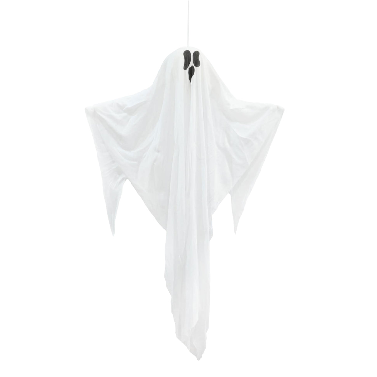 A white ghost-shaped hanging decoration made from sheer draped fabric, suspended by a thin cord against a plain white background.