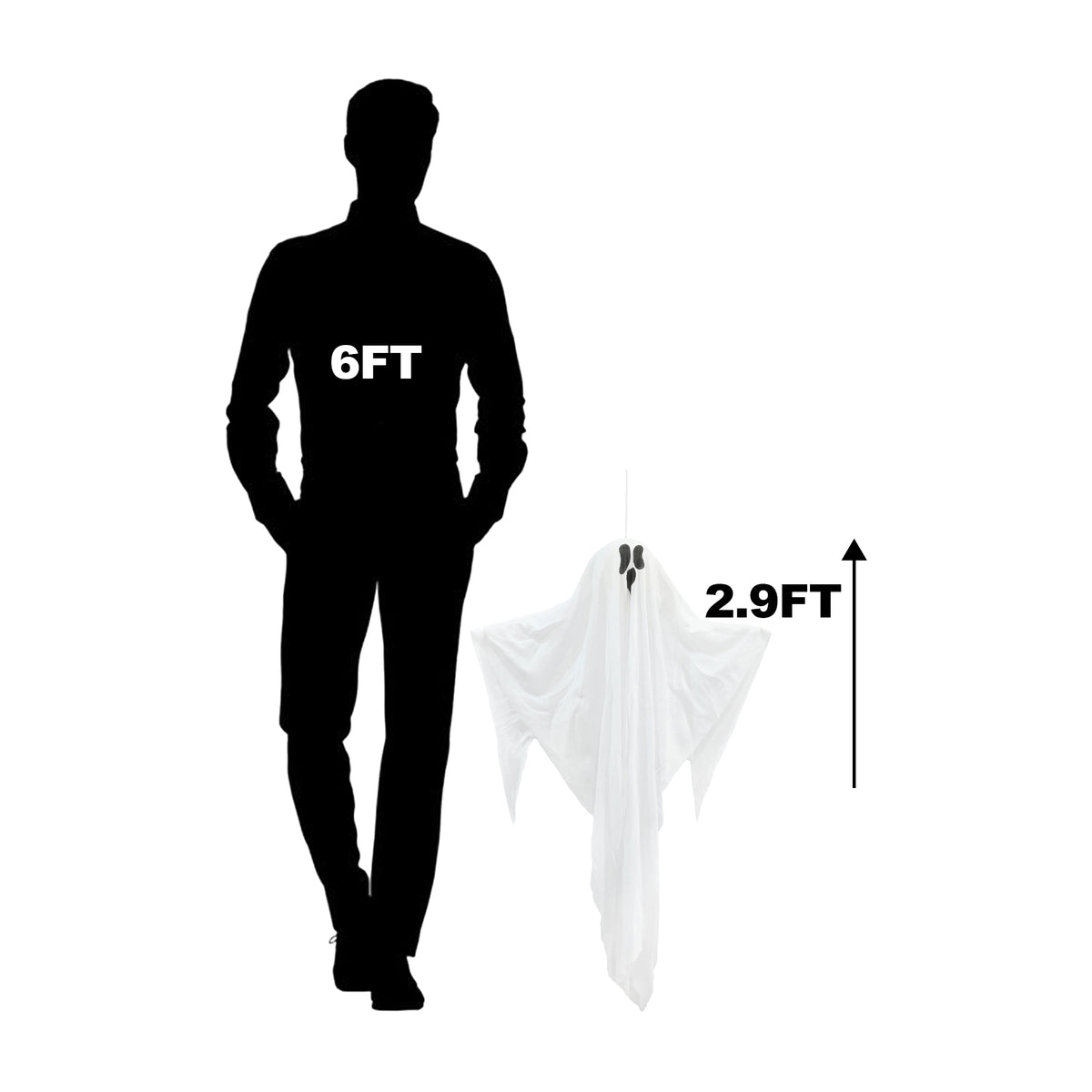 A black silhouette of a person labeled 6FT stands beside a white ghost-shaped sheet or drape labeled 2.9FT on a plain white background, showing size comparison.