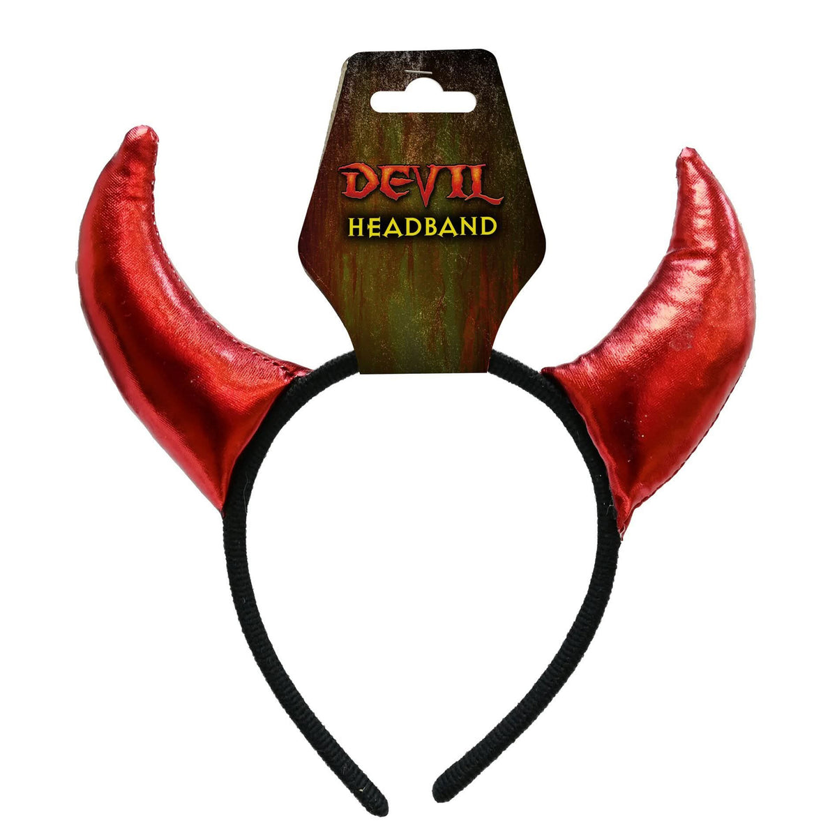 Red devil horn headband on a black elastic band, attached to a cardboard hanger with 'DEVIL HEADBAND' printed on it, isolated on a white background.
