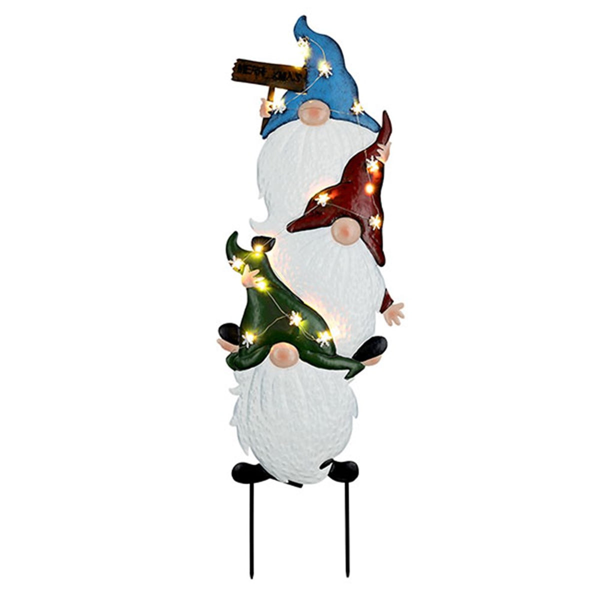 A decorative garden gnome stake featuring three stacked gnomes with white beards and colorful pointed hats in blue, red, and green, lit with warm white string lights, set against a plain white background.