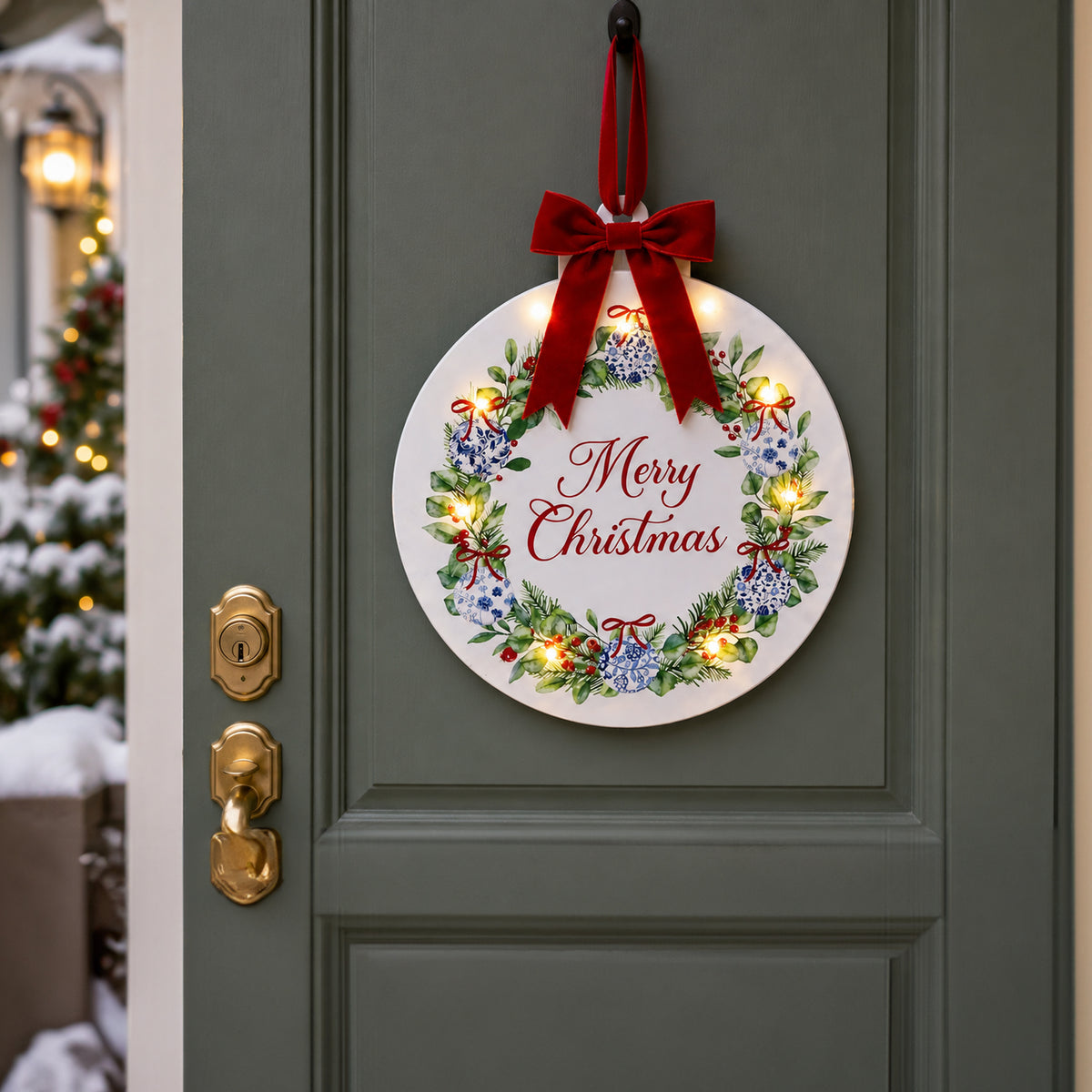 Lit Floral Plaque Red Bow 25.5cm Assorted