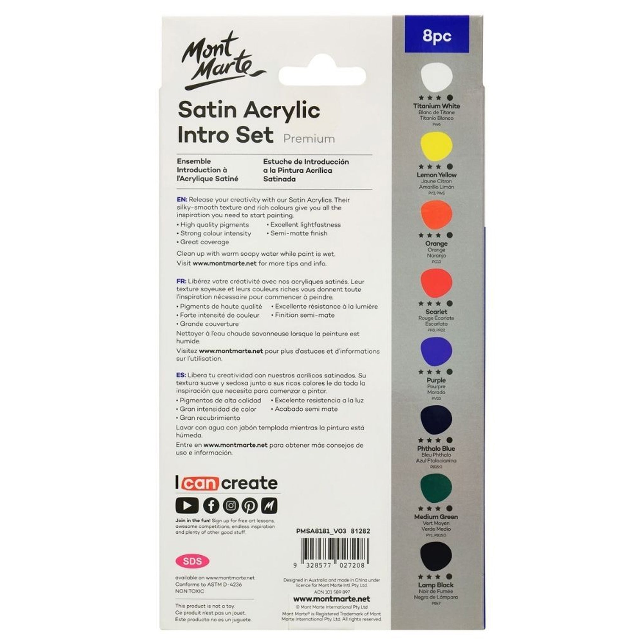MM Satin Acrylic Paint Intro Set 8pc x 18ml
