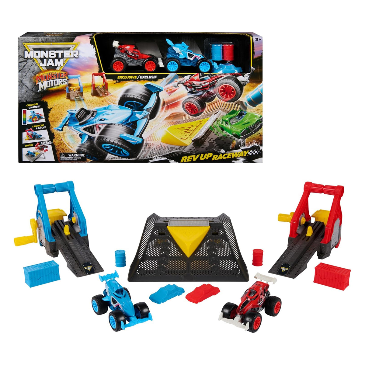 Monster Jam Rev Up Racing Kit toy set shown with its retail box and the included components: a blue race car, a red race car, two ramps in blue and red, a black track ramp, track blocks, and small accessories on a white background.