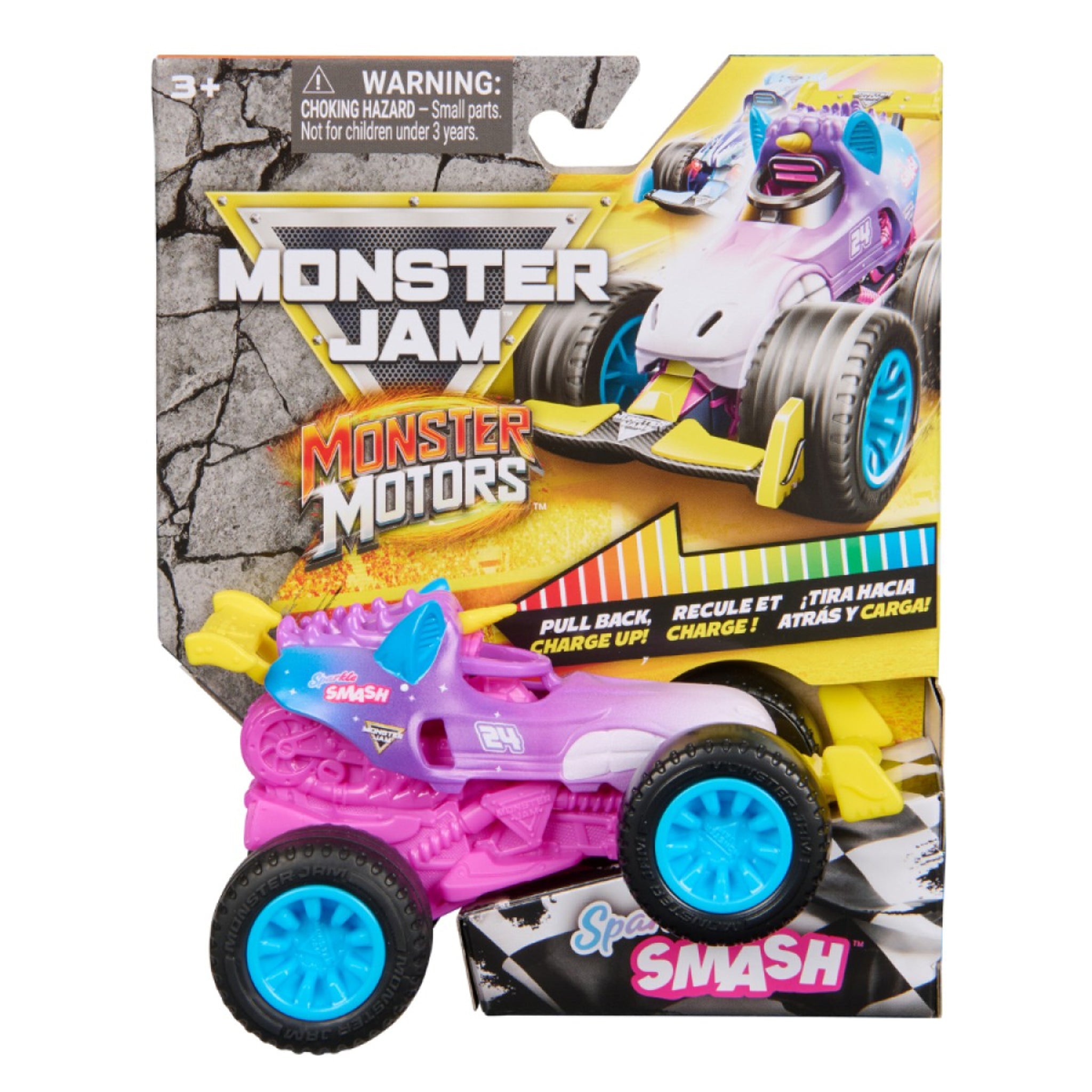 Monster Jam Monster Motors Smash toy truck in its original retail packaging, featuring a pink and purple truck with blue wheels.