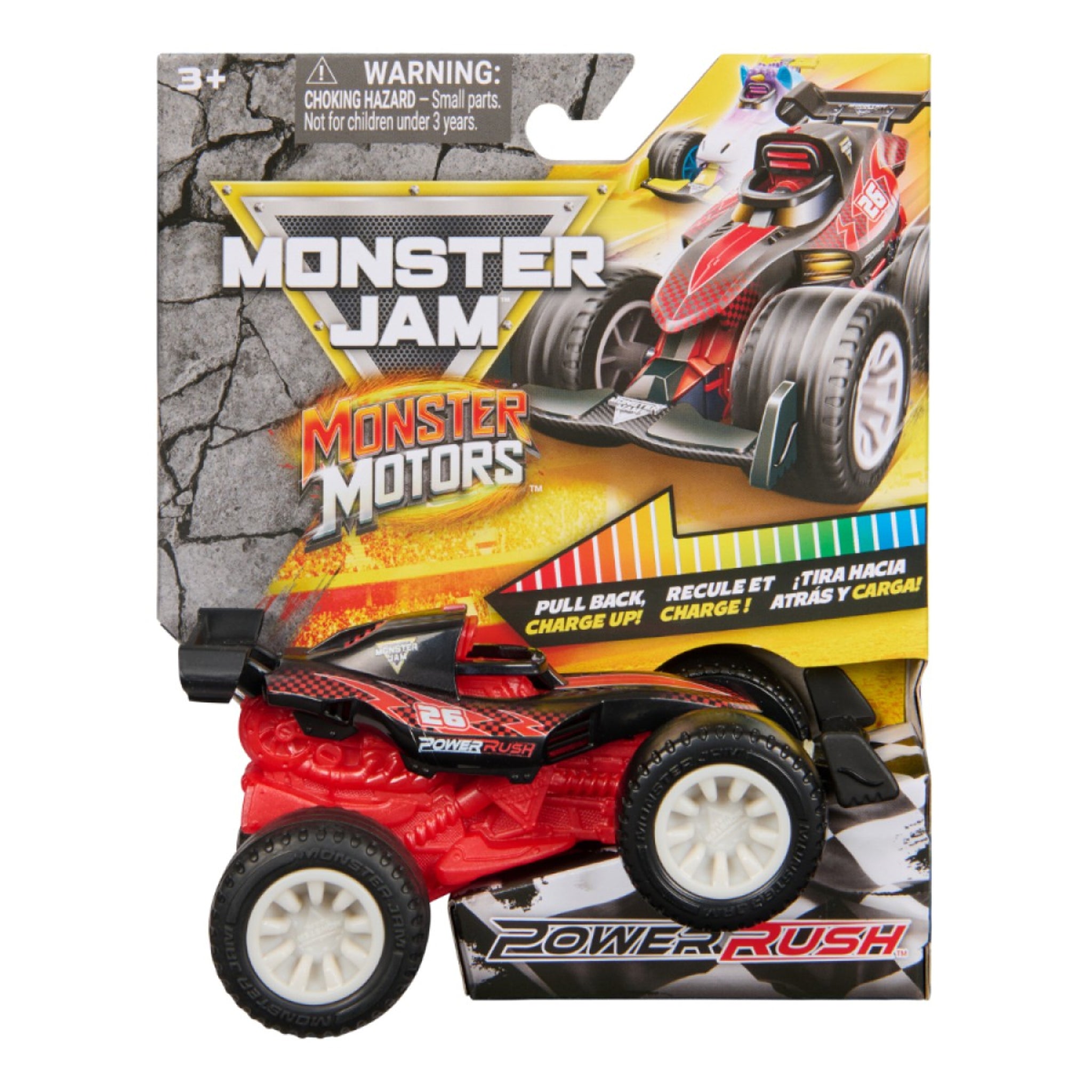 Monster Jam Monster Motors Power Rush remote control race car in its original retail blister packaging, featuring a red and black toy car with white wheels.
