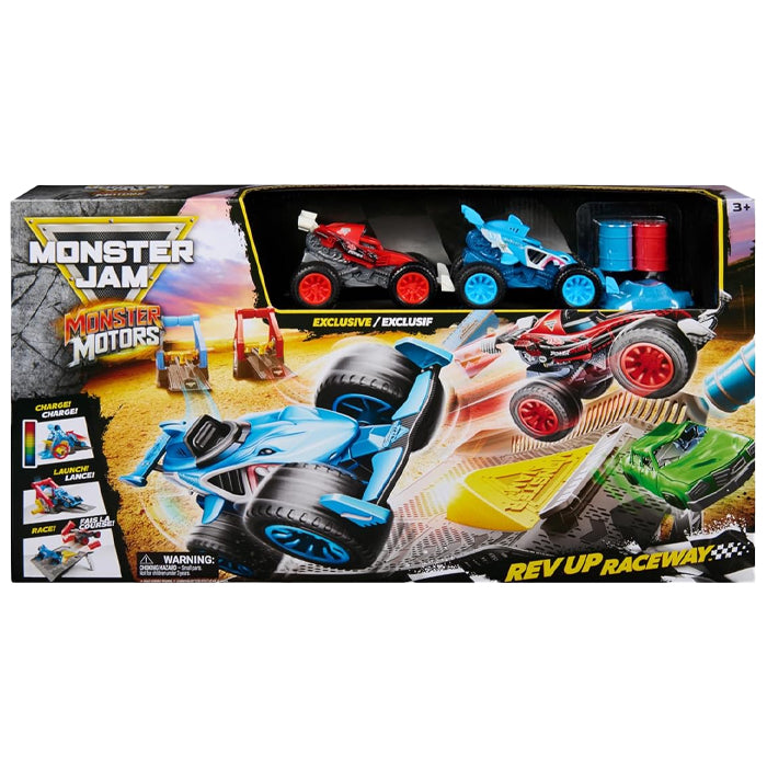Monster Jam Monster Motors Rev Up Raceway toy set in its original retail packaging, featuring a blue and red race car set with a yellow ramp and track graphics.