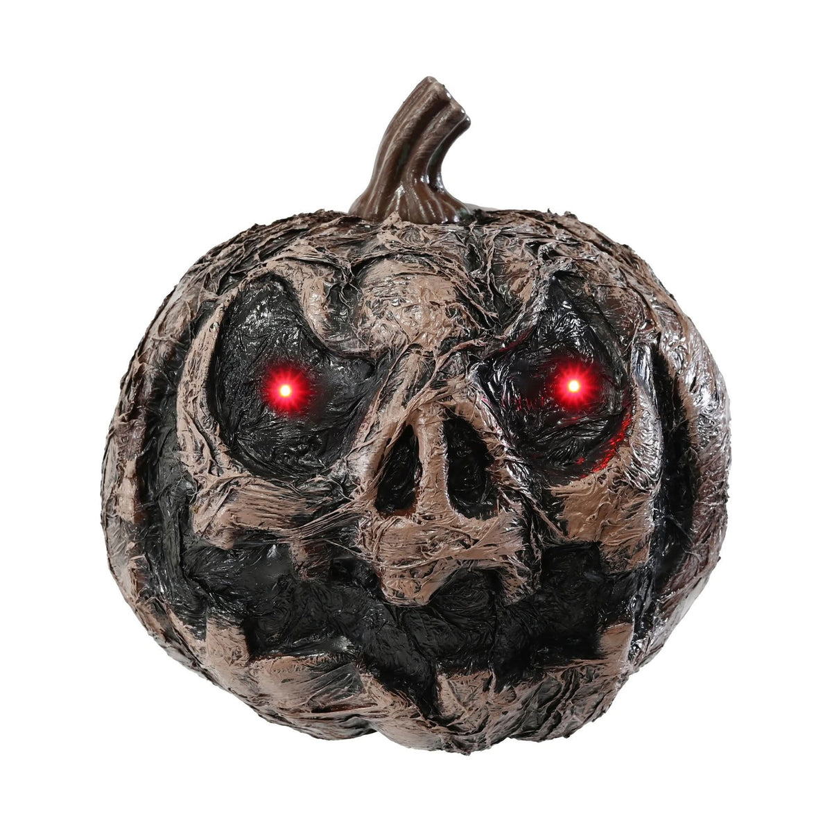 A spooky jack-o'-lantern pumpkin decoration with a textured, decaying brown and black appearance and glowing red eyes, isolated on a white background.
