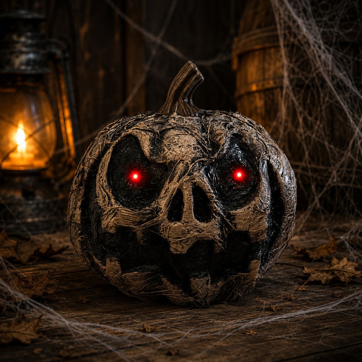 A spooky Halloween jack-o'-lantern decoration with a textured, decaying wood-like surface and glowing red eyes, placed on a wooden surface with a lantern, cobwebs, and leaves in a dark setting.