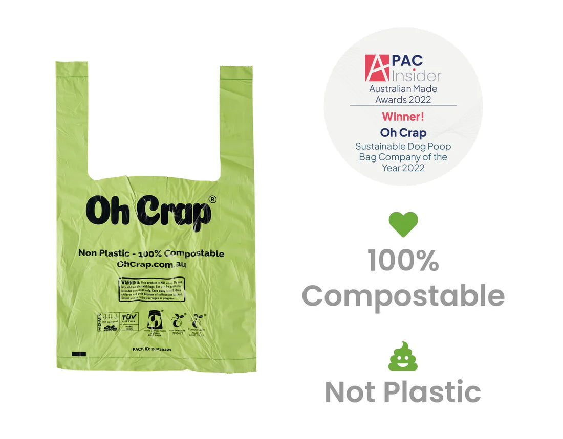 Oh Crap Compostable Handled Dog Poop Bags – 200 Bags (Single Roll)