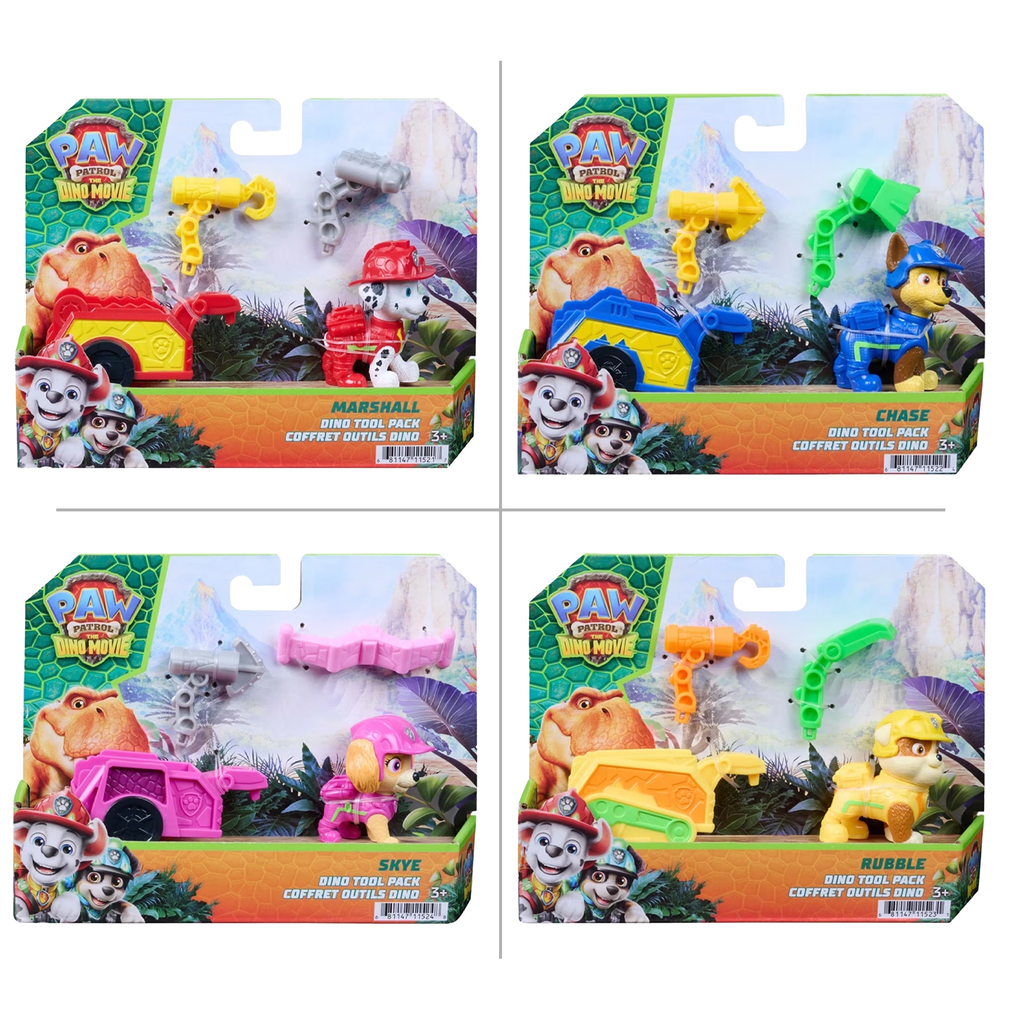 Four PAW Patrol Mighty Pups toy sets in retail packaging, arranged in a 2x2 grid. The sets include Marshall with a red cobbled outfit and red cart, Chase with a blue cobbled outfit and yellow cart, Rubble with a yellow cobbled outfit and yellow cart, and Dawson with a pink cobbled outfit and pink cart.