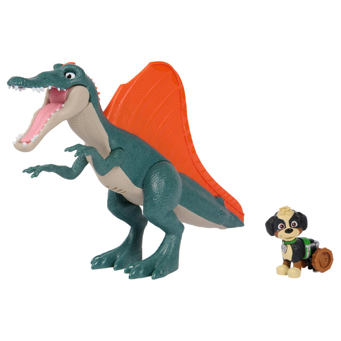 A toy Spinosaurus dinosaur figure with an open mouth, teal-green body, orange sail, and cream underside, shown alongside a small character toy on a plain white background.