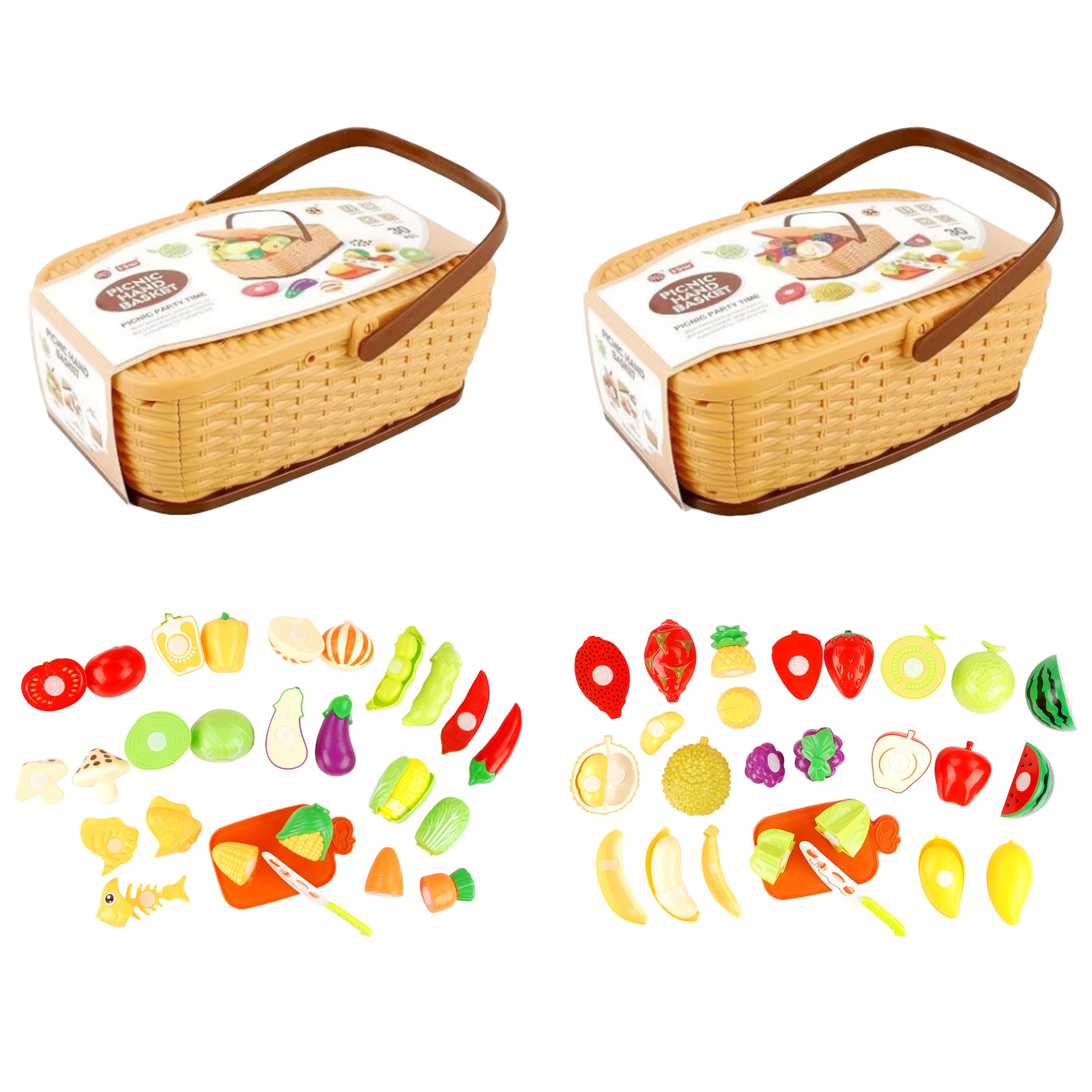 Play Food Picnic Basket Pull Apart 2 assorted Fruit / Veg