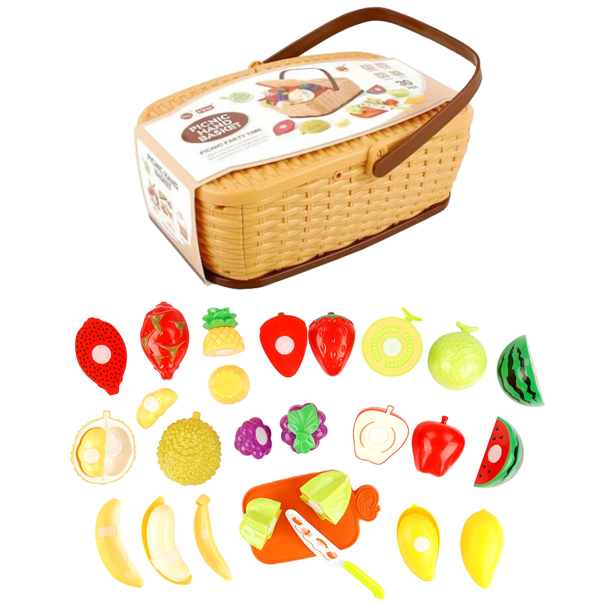Play Food Picnic Basket Pull Apart 2 assorted Fruit / Veg