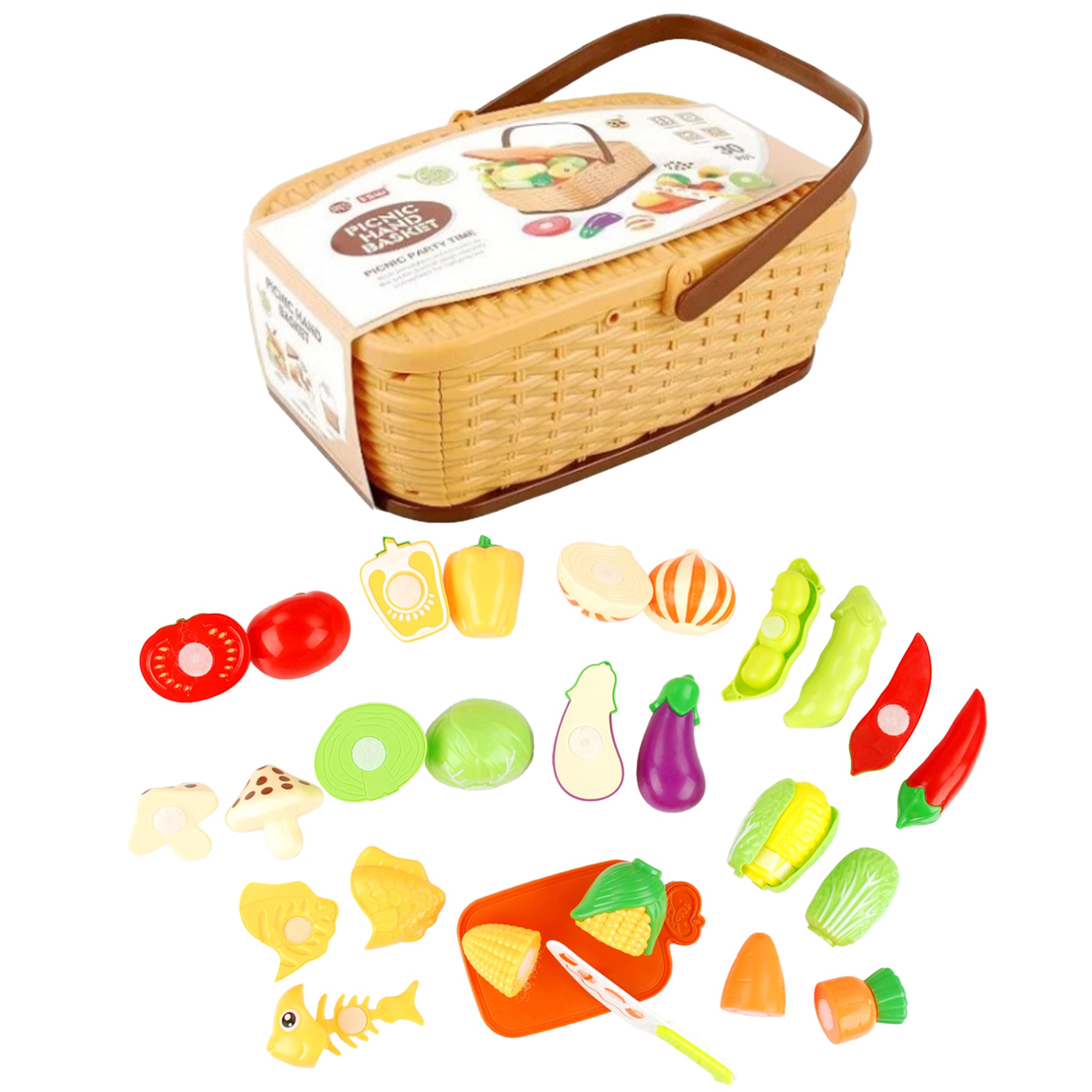 Play Food Picnic Basket Pull Apart 2 assorted Fruit / Veg