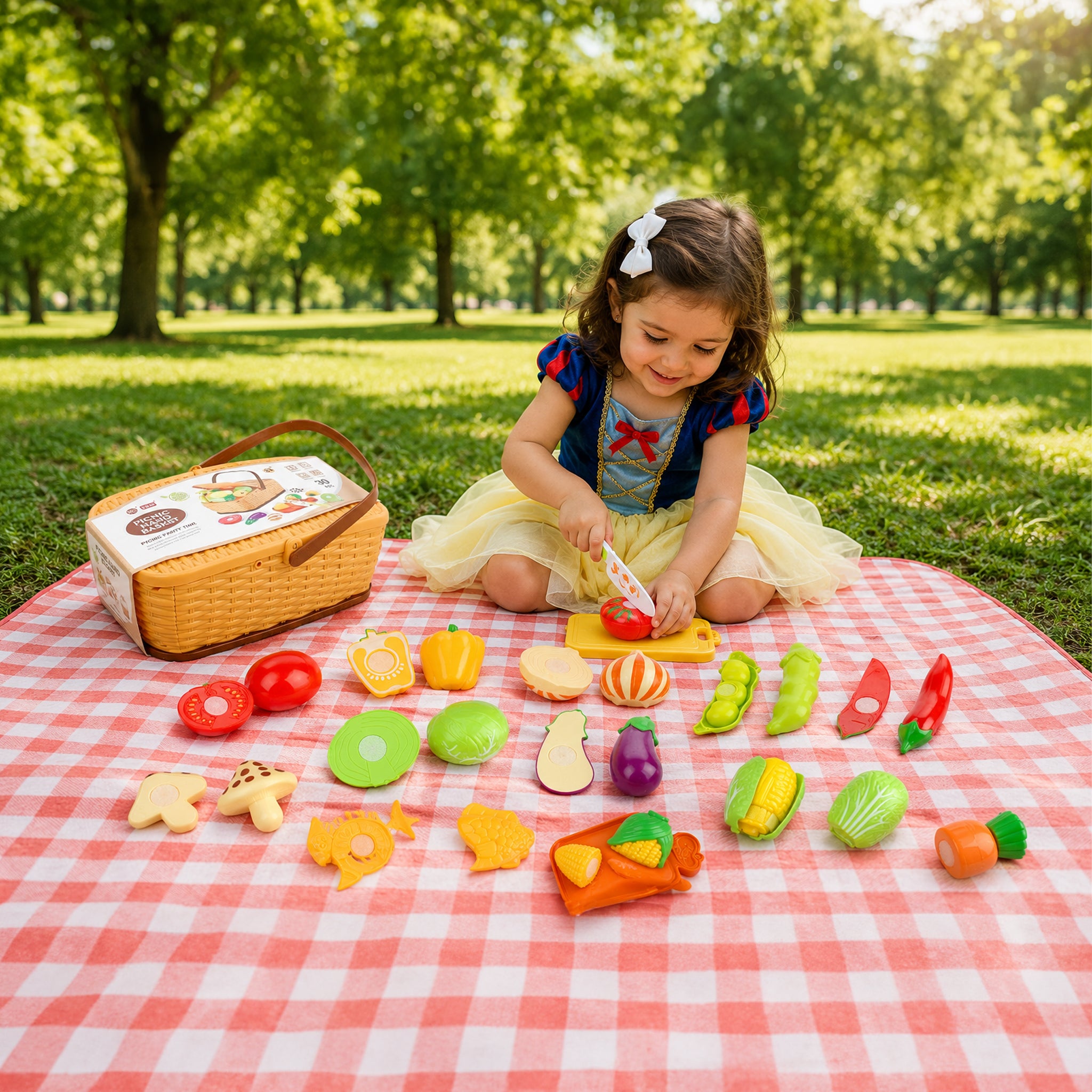 Play Food Picnic Basket Pull Apart 2 assorted Fruit / Veg