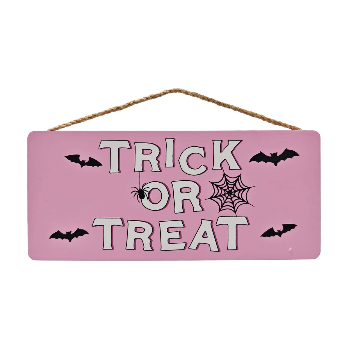 A rectangular pink Halloween hanging sign with the words “TRICK OR TREAT” in large white letters outlined in black, decorated with black bats, a spider, and a spiderweb, suspended by a rope hanger on a white background.