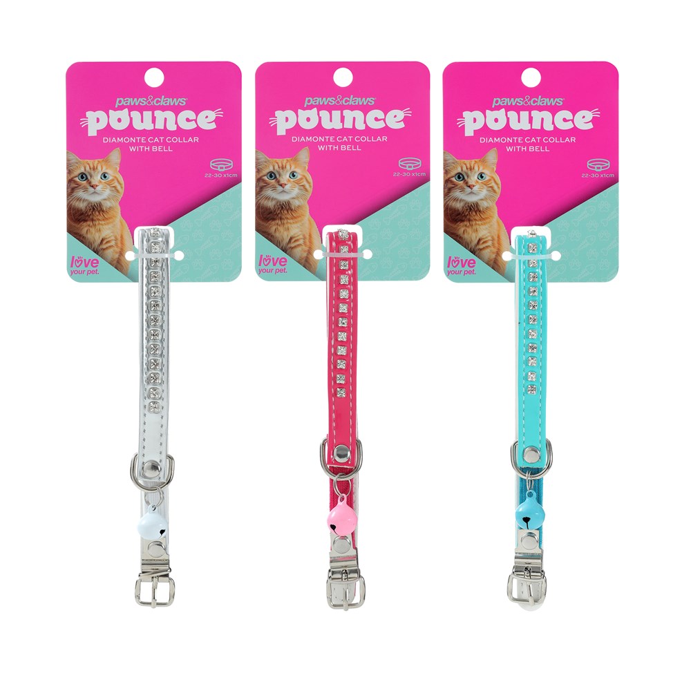 Pounce Diamonte Cat Collar With Bell 22-30cm Assorted