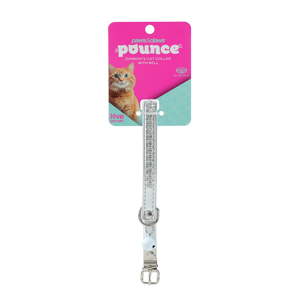 Pounce Diamonte Cat Collar With Bell 22-30cm Assorted