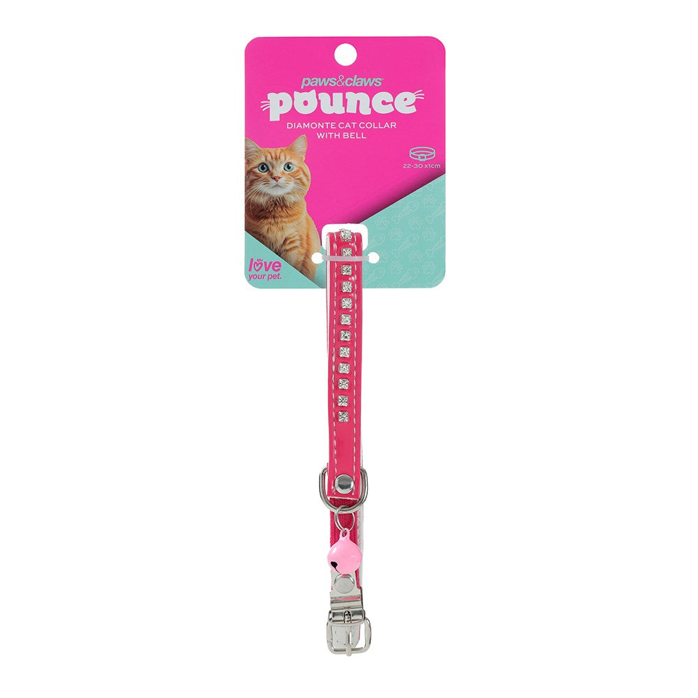 Pounce Diamonte Cat Collar With Bell 22-30cm Assorted