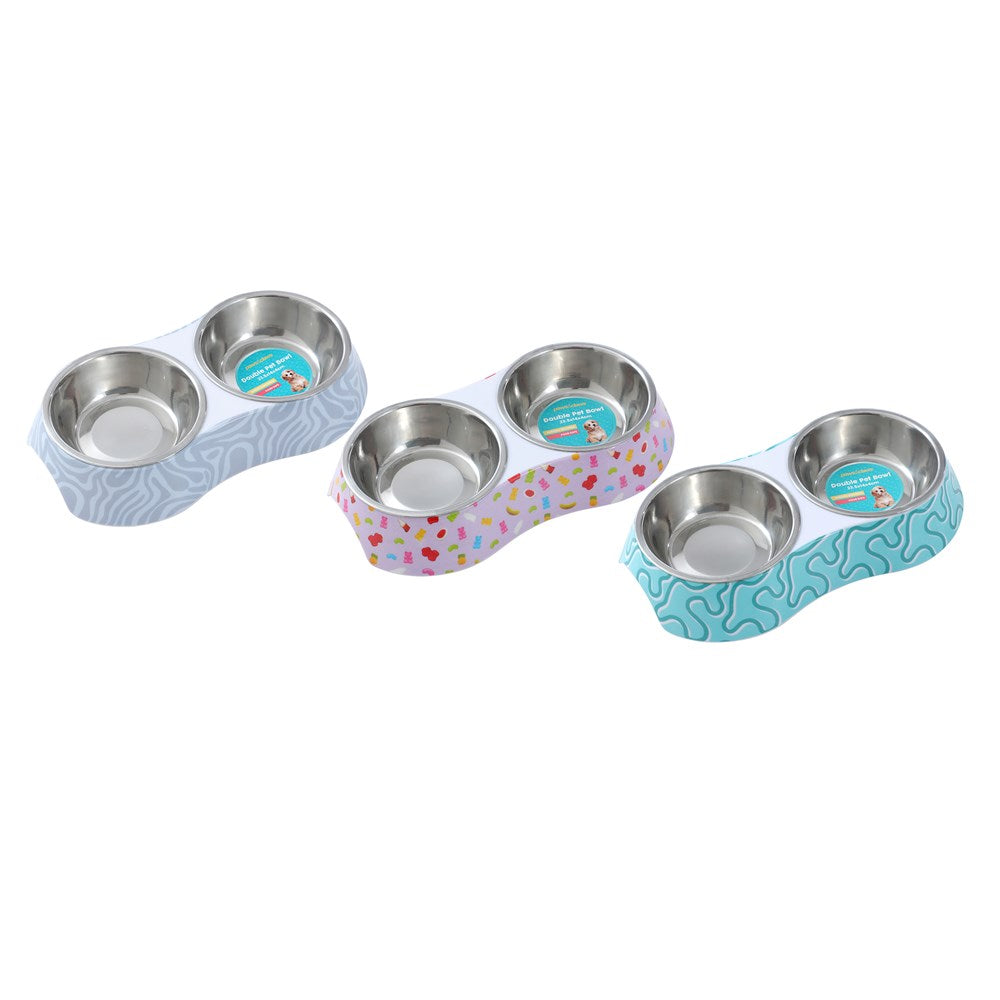 Printed Double Bowl Pet Bowl 23.5x14x4cm Assorted