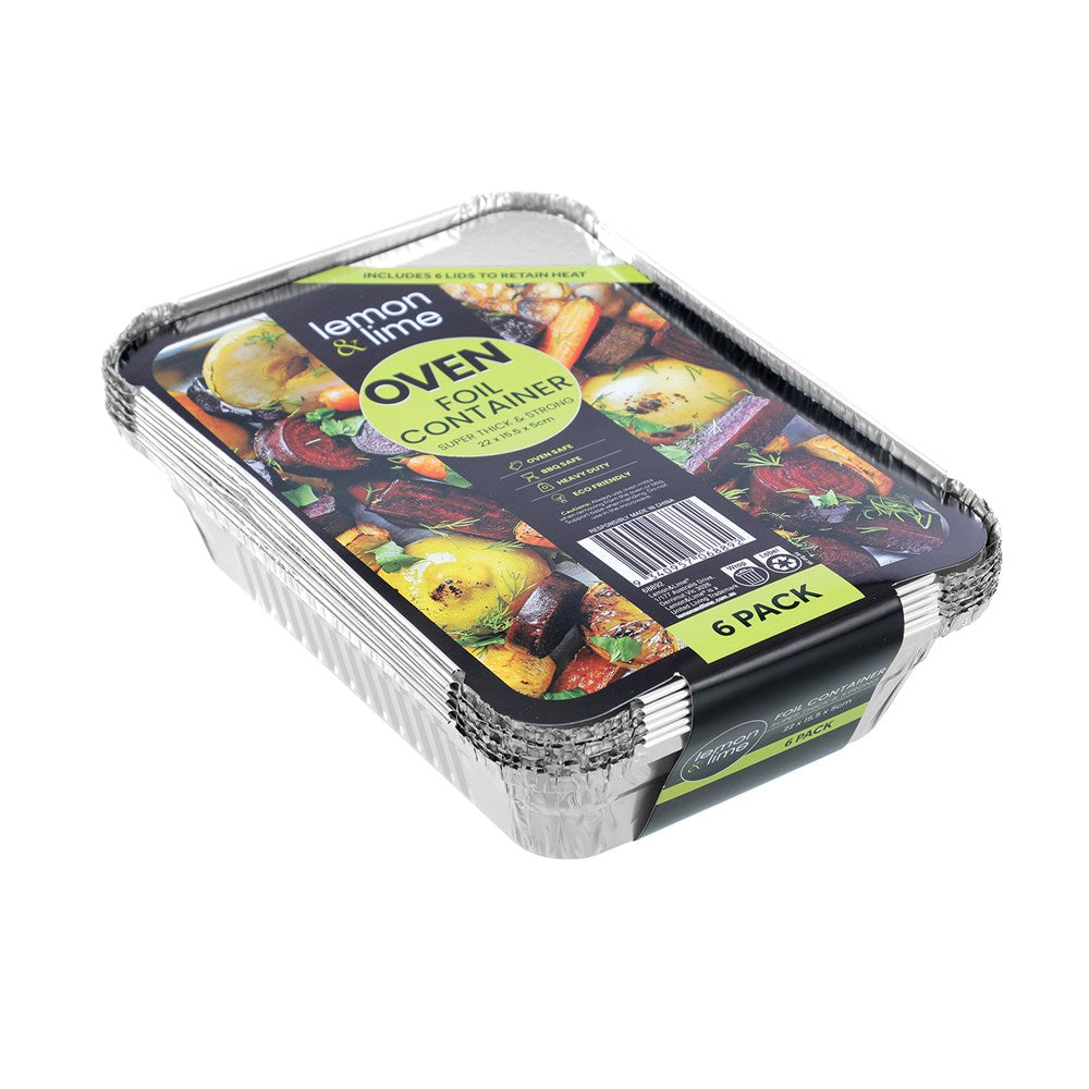 Rectangle Foil Containers with Lids – 22 × 15.5 × 5cm (6 Pack)
