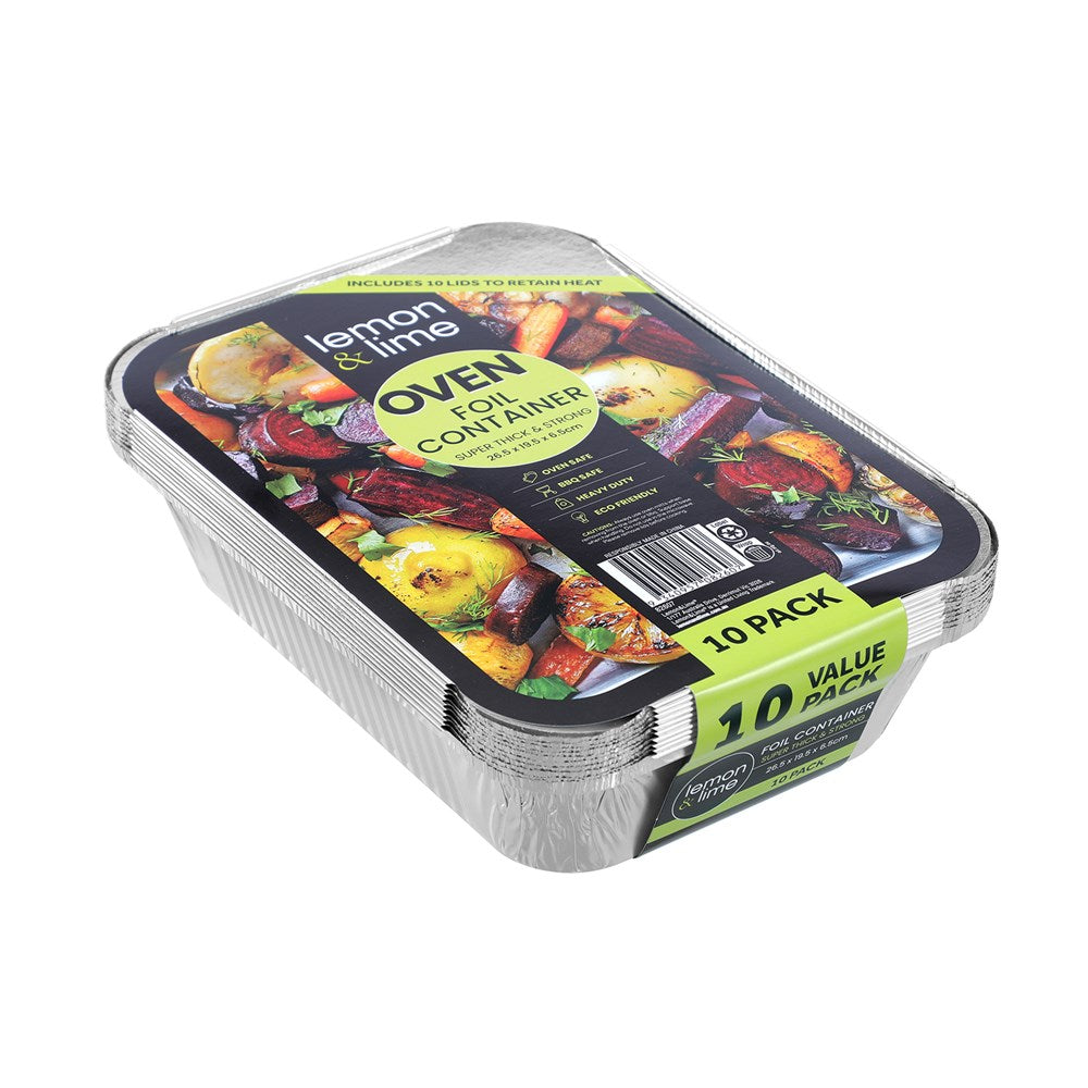 Rectangle Foil Containers with Lids – 26.5 × 19.5 × 6.5cm (10 Pack)
