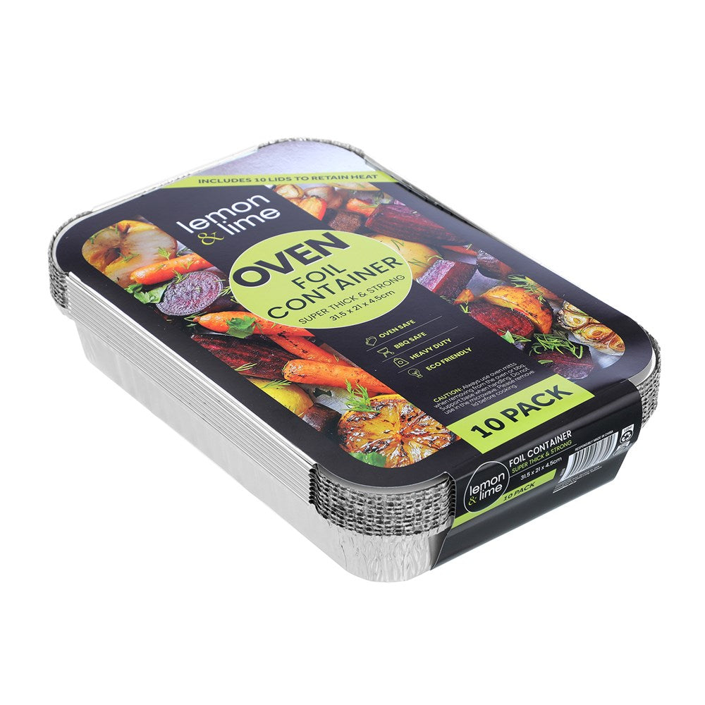 Rectangle Foil Containers with Lids – 31.5 × 21 × 4.5cm (10 Pack)