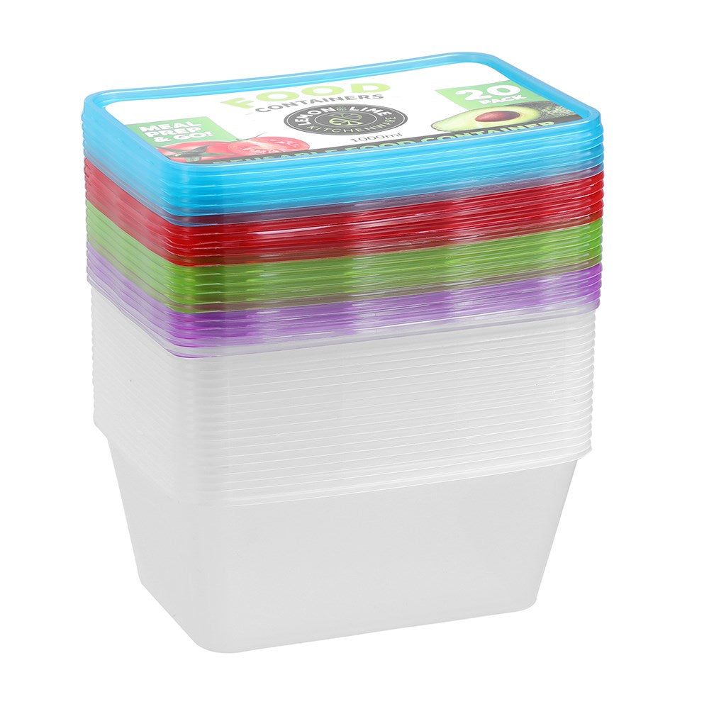 Rectangle Reusable Food Containers with Coloured Lids – 1L (20 Pack)