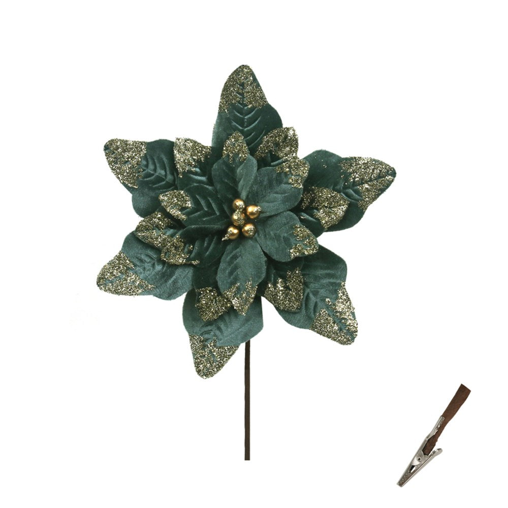 Sage Velvet Poinsettia With Platinum Glitter 22cm