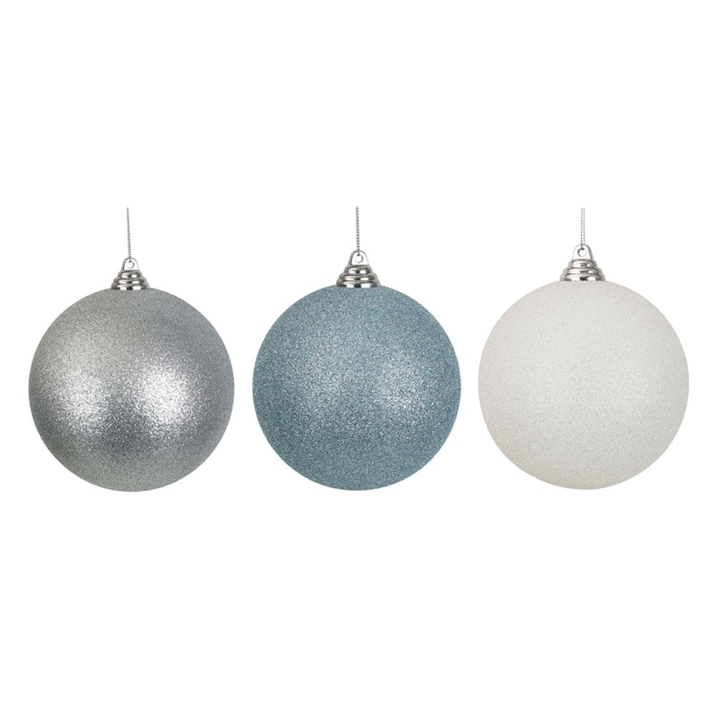 Shatterproof Balls Artic Blue Glitter, White Glitter, Silver Glitter 14cm Assorted