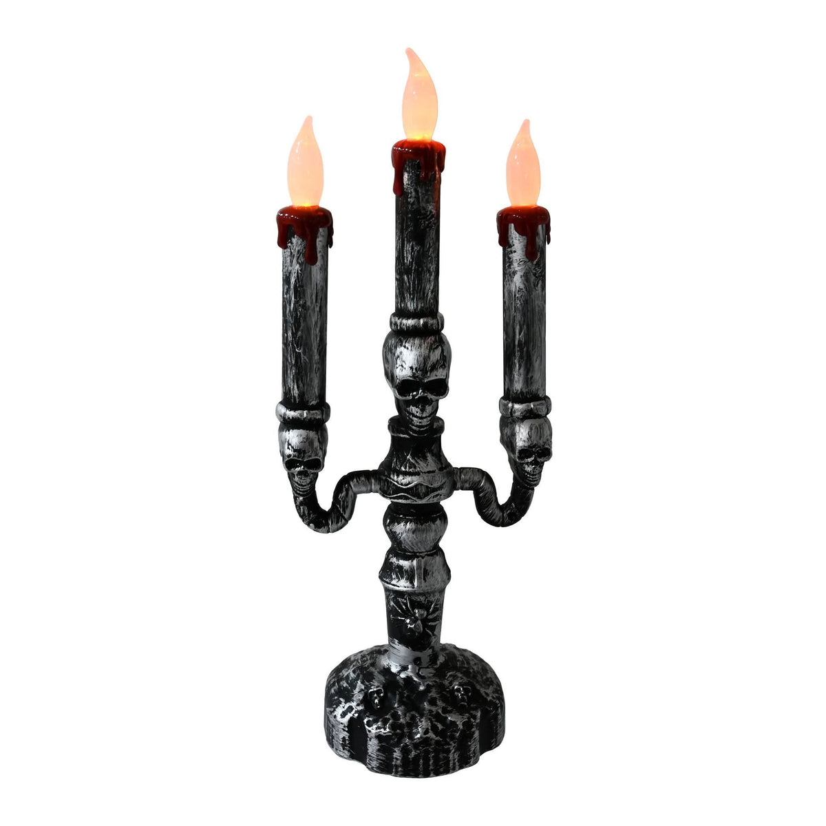 A three-arm gothic candelabra with a skull and floral details, featuring dark textured arms and glowing faux flames with red wax-like drips on a white background.