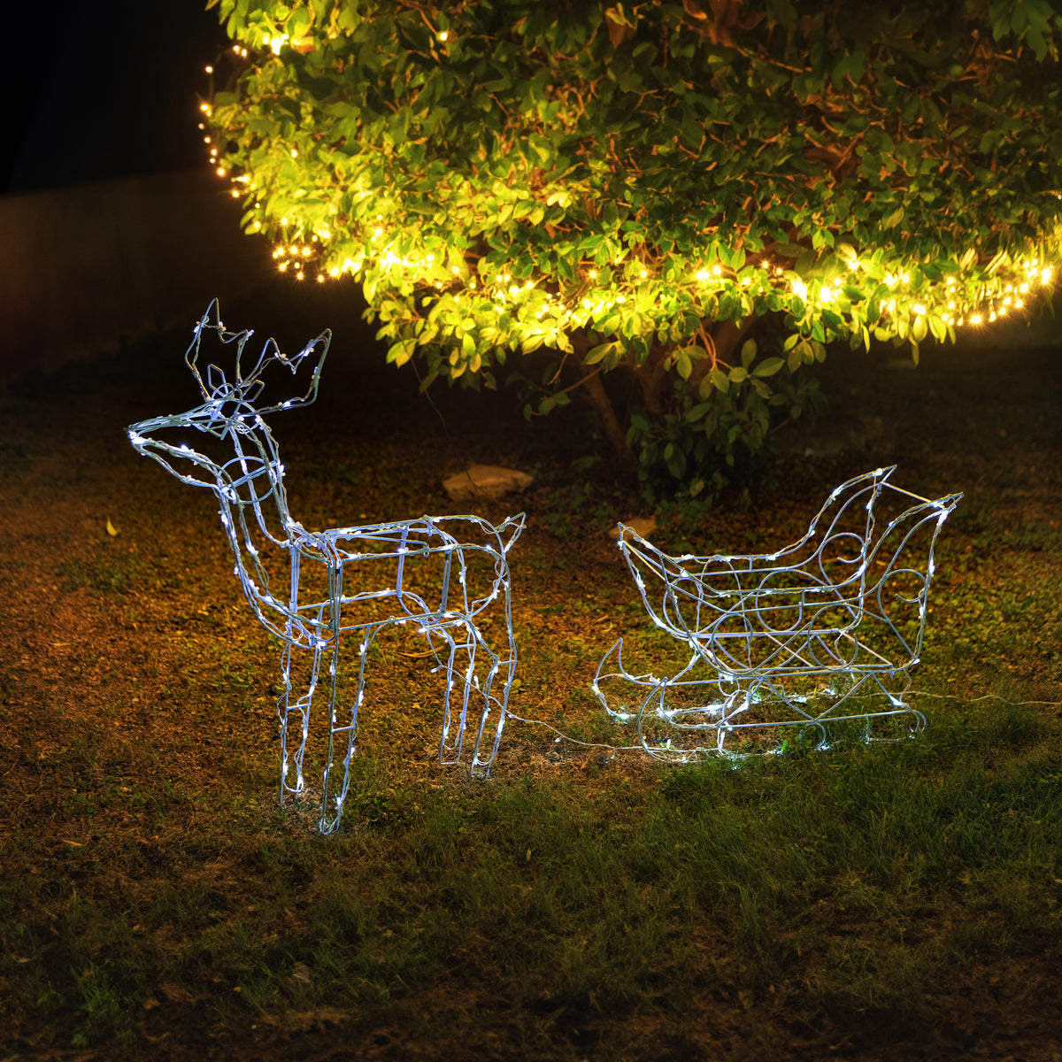 Solar LED Reindeer And Sleigh White