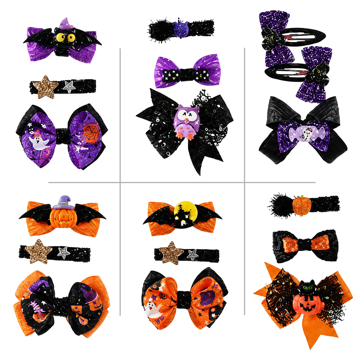 A 6x3 grid showing multiple Halloween-themed hair accessories on a white background, including purple and black glitter bows, black star headbands, orange and black bows with owl, pumpkin, spider, and bat motifs.