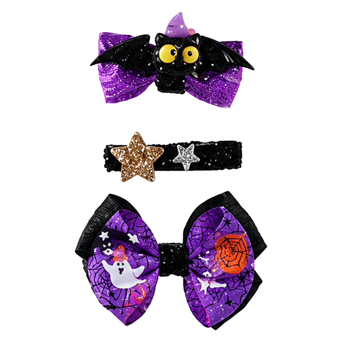 Three Halloween-themed pet accessories on a white background: a bat headband with purple glitter bow, a black band with glittery gold and silver stars, and a large purple spiderweb bow with a ghost and orange spider design.