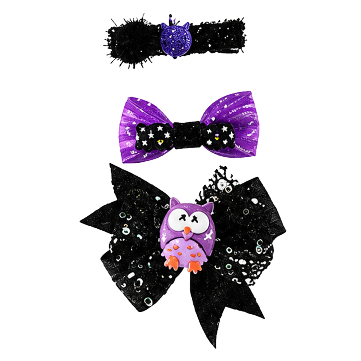 Three Halloween-themed hair accessories on a plain white background: a black headband with a purple glitter owl, a purple and black bow with stars and glitter, and a large black bow with white lace trim and a purple owl charm.