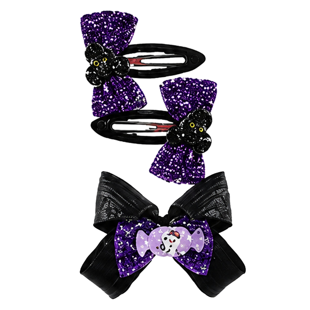 Three black hair clips with purple glitter bows and black flower embellishments, plus one black hair bow with a purple glitter center featuring a cartoon character, shown on a white background.
